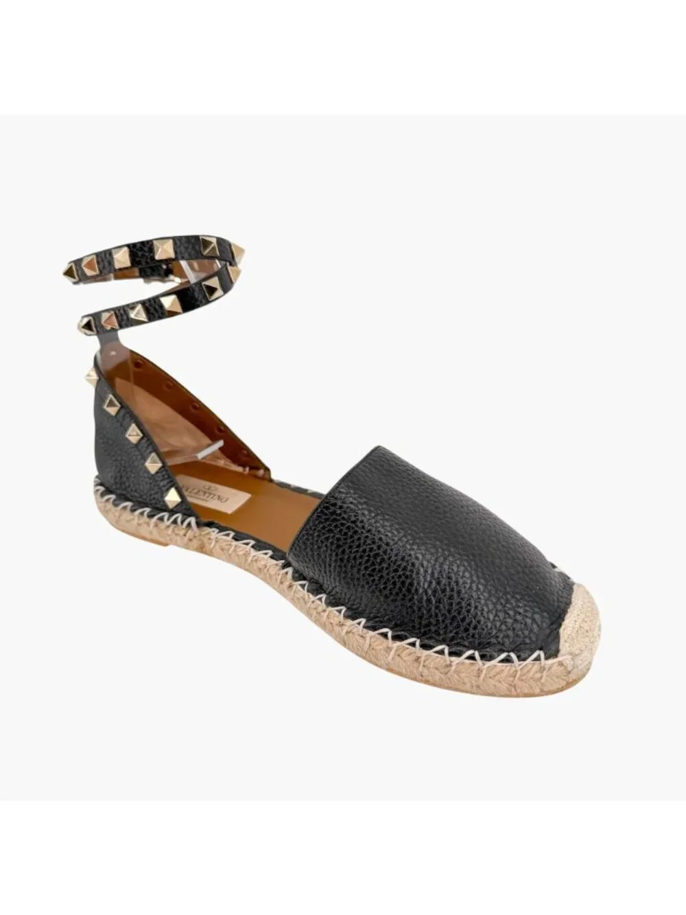 Valentino Garavani Rockstud Espadrille Flat Sandals Black Leather Size 38 US 8